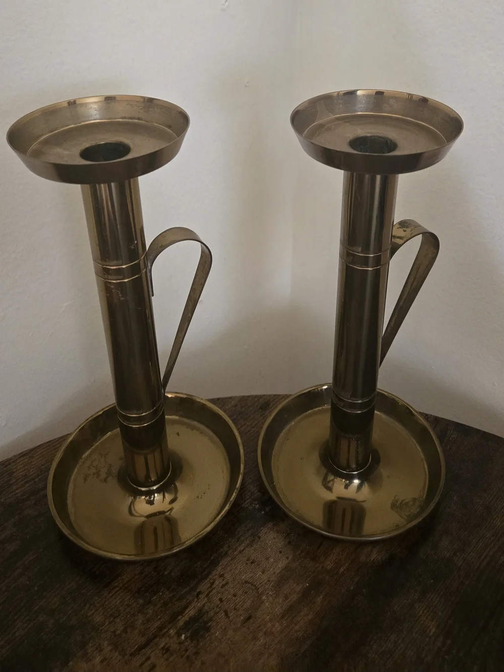 Rare Vintage Signed Brass Trumpet Handled Candlestick Holders Pair